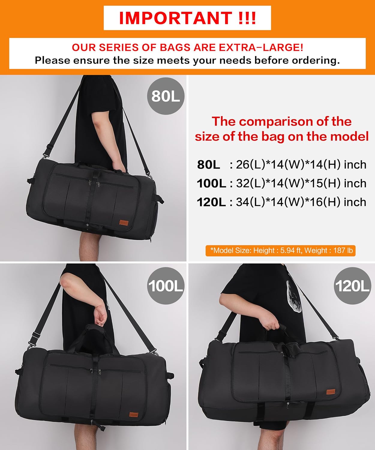 80L EXTRA LARGE Duffle Bag for Travel, 26" Foldable Travel Duffel Bag with Shoe Compartment for Men Women, Waterproof & Tear Resistant (Black, EXTRA LARGE, 80L) - Image 2