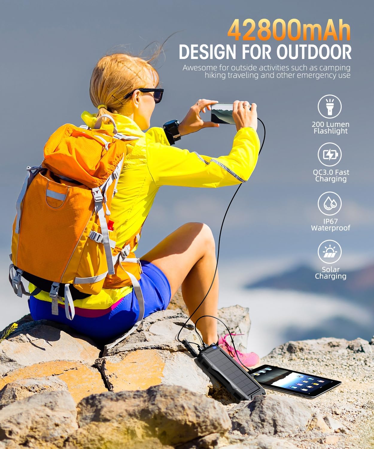 Power-Bank-Solar-Charger - 42800mAh Portable Charger,Solar Power Bank,External Battery Pack 5V3.1A Qc 3.0 Fast Charger Built-in Super Bright Flashlight (Deep Black) - Image 2