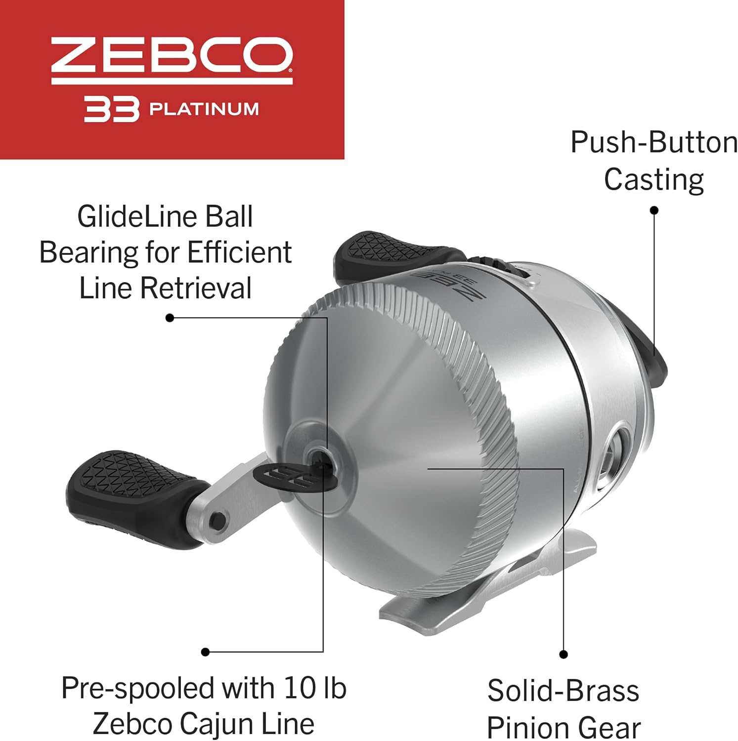Zebco 33 Platinum Spincast Fishing Reel, Size 30 Reel, Right or Left-Hand Retrieve, 4.7:1 Gear Ratio, Pre-spooled with 10 lb Zebco Cajun Line, Silver - Image 4
